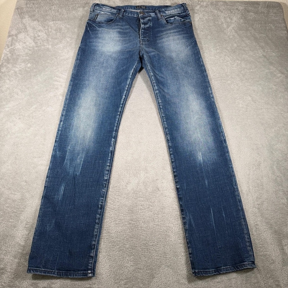 Armani Jeans J21 Mens‎ 34x33 Blue Medium Wash Straight Leg Stretch Blue Patch